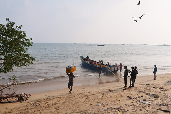 fishing boat and fishermen on the shore